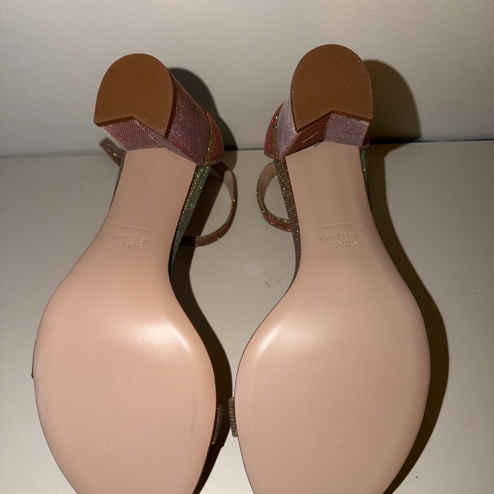 Stuart Weitzman Iridescent Gold-Glitter Ankle-Strap Block Heels. Sz 6.5. NWOB - Picture 9 of 9